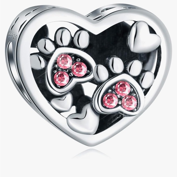 Sterling silver love pets heart slide charm with diamond cz paws - Picture 1 of 4